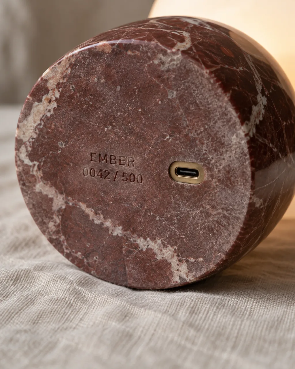 Engraved stone name and number on the base of a SHAN lamp