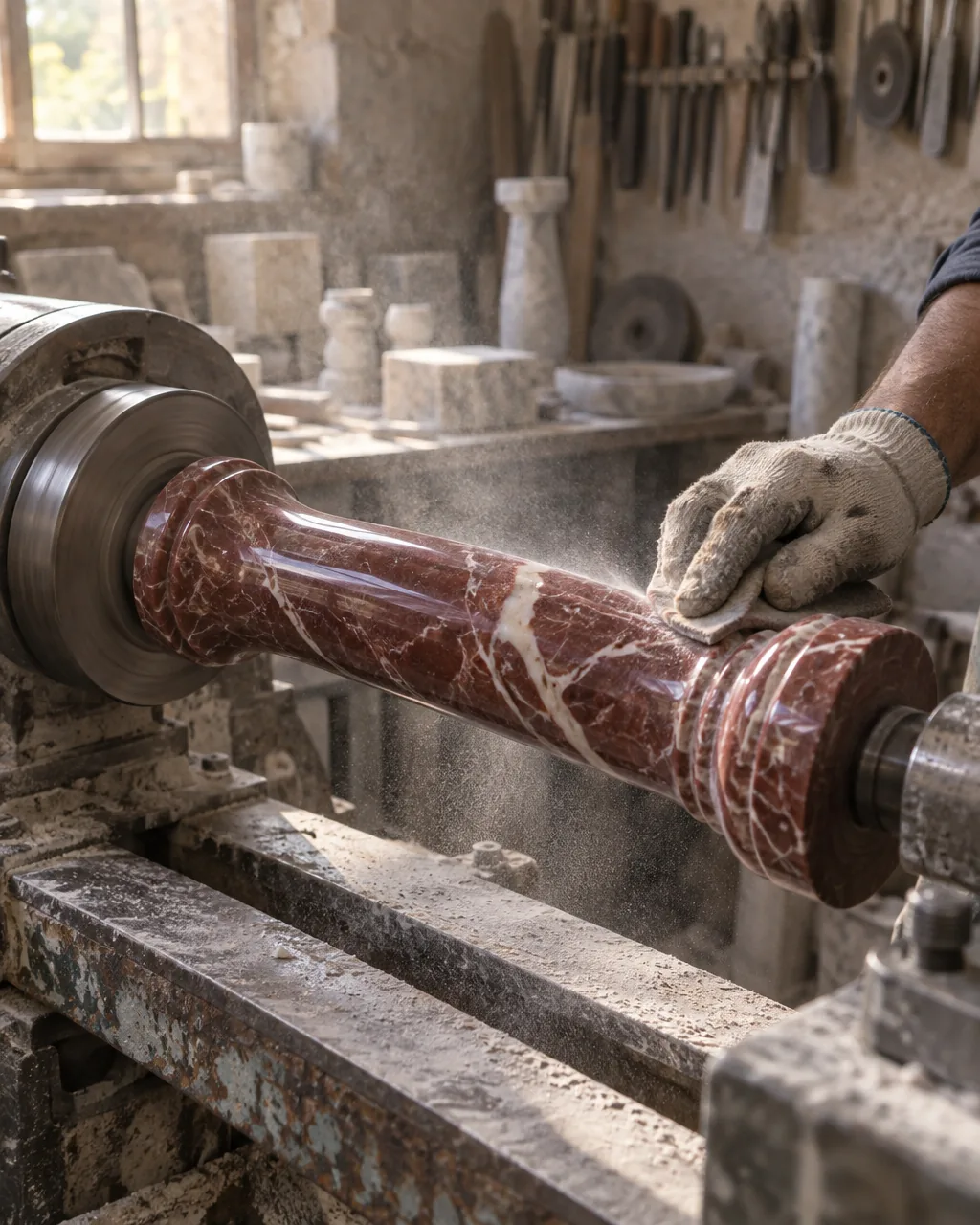 A lamp body being turned on a lathe in the workshop